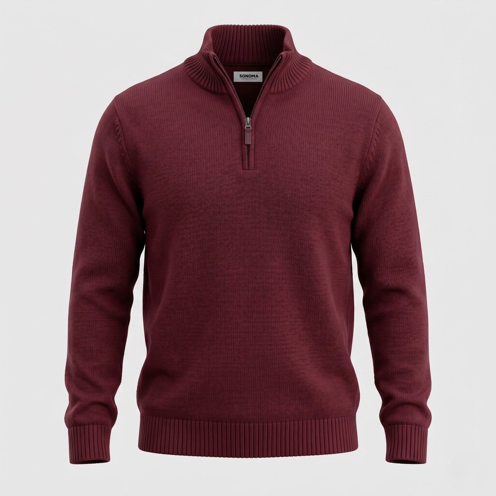 Sonoma Mens XL Burgundy Sweater Quarter Zip Pullover Cotton Blend Ribbed Knit‎